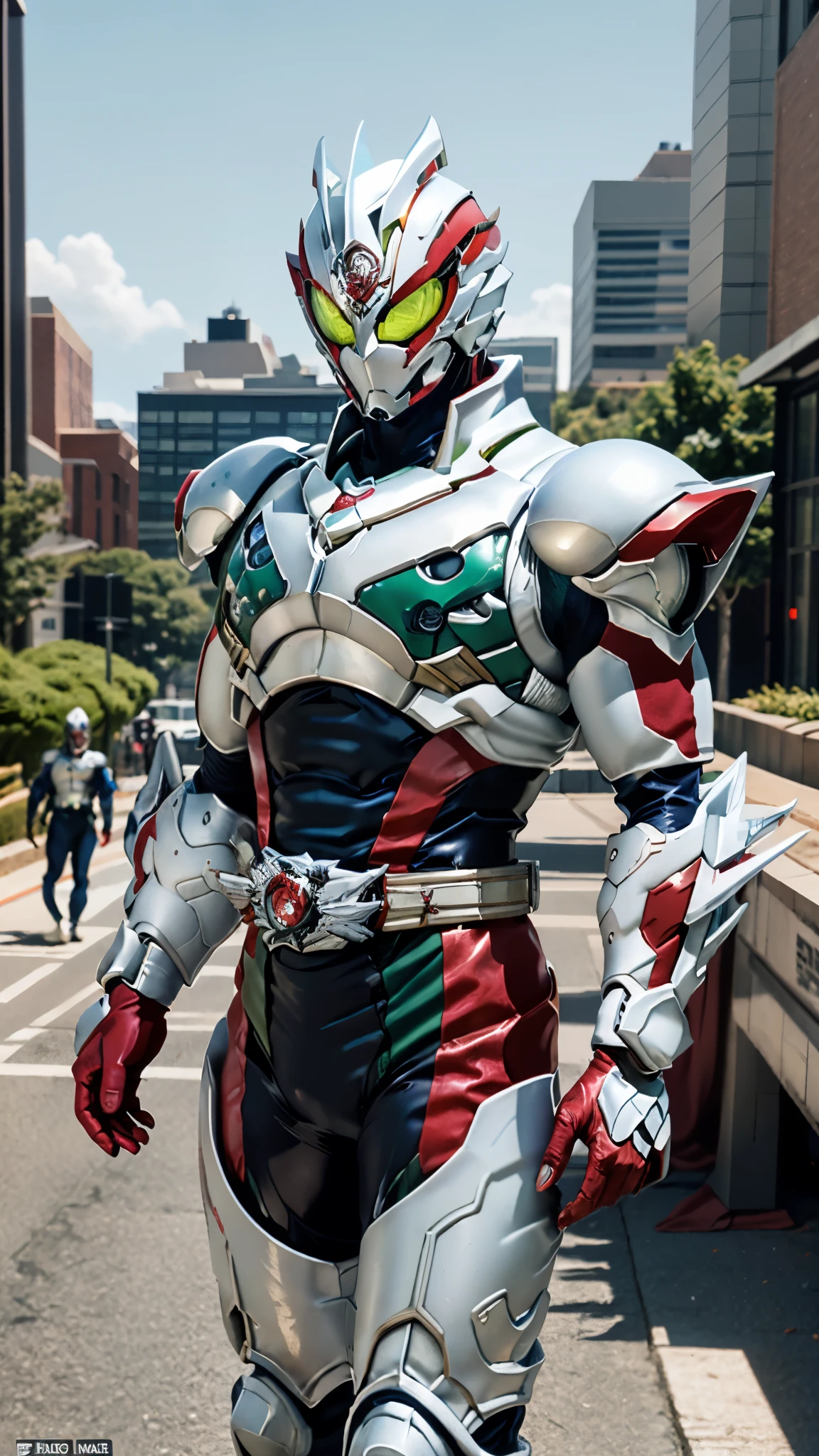 A man wearing a full-face helmet, a fantasy-style biotech armored combat suit, green eyes, (a composite layered chest armor), fully enclosed shoulder guards, matching arm and leg guards, the belt is adorned with Falcon Wing, (the color scheme is primarily white with red and blue accents), the design balances heavy with agility, a high-tech bio-mecha armor, (Armor Concept Inspired by Falcon, stand on the top of a skyscraper in a futuristic sci-fi city), this character embodies a finely crafted fantasy-surreal style armored hero in anime style, exquisite and mature manga art style, (battle damage, element, plasma, energy, the armor glows), ((male:1.5)), metallic, real texture material, dramatic, high definition, best quality, highres, ultra-detailed, ultra-fine painting, extremely delicate, professional, perfect body proportions, golden ratio, anatomically correct, symmetrical face, extremely detailed eyes and face, high quality eyes, creativity, RAW photo, UHD, 32k, Natural light, cinematic lighting, masterpiece-anatomy-perfect, masterpiece:1.5