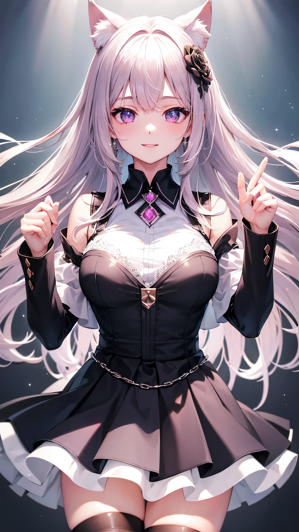 masterpiece,highest quality,Highly detailed face,fine grain,Sparkling eyes,Highlighted eyes,Medium chest,pretty girl,smile,Cat ear,Beautiful silver hair,Pink inside,Beautiful pink eyes,Oversized shirt、skirt、black tights,Flower storm,Waterfront
