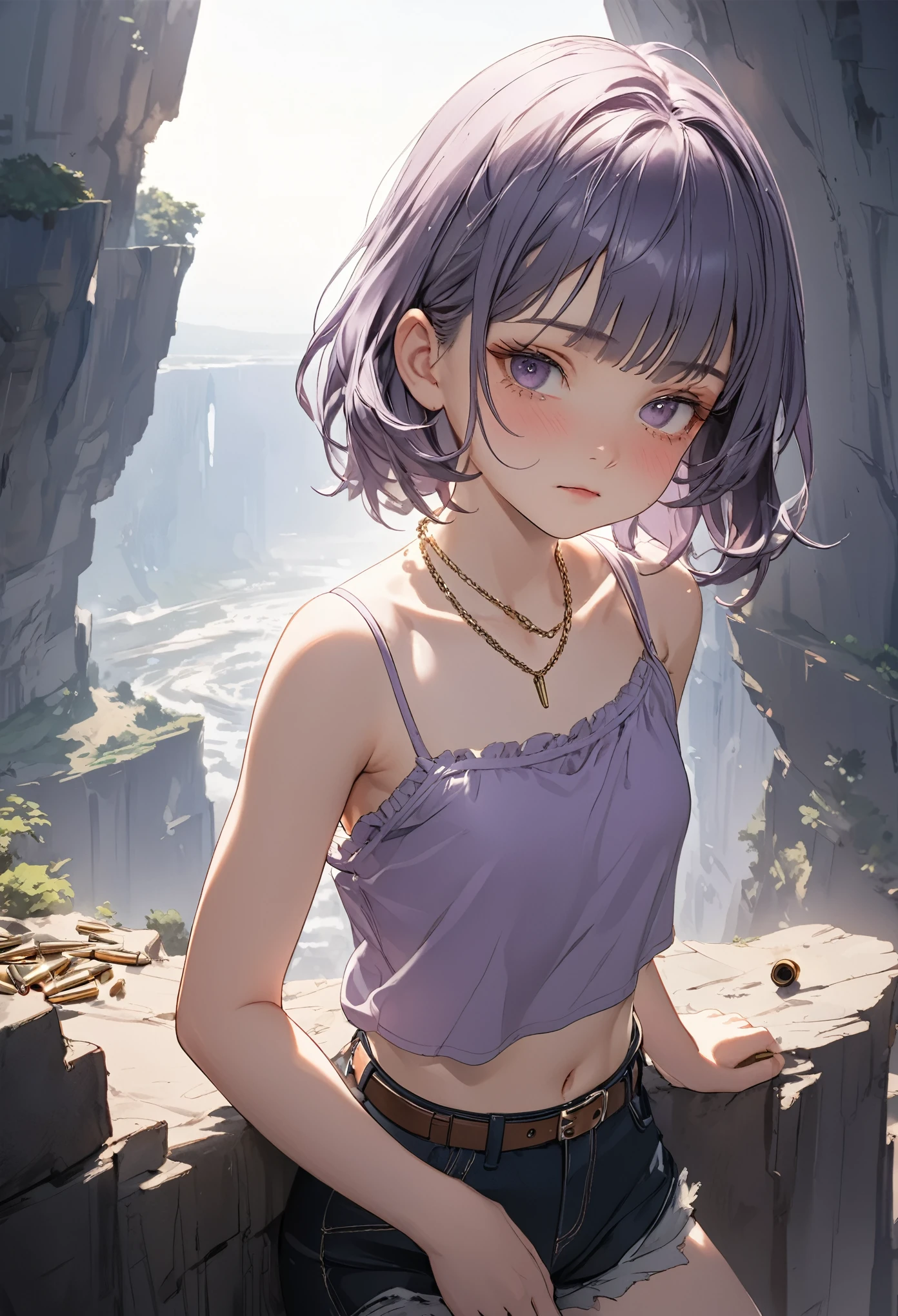 ((Masterpiece)), (highly saturated), (Anime:1.5), ((best quality)), (sketch:0.3), (best quality:1.2), (Professional Photography:1.2), (12 years old), ((1girl)), Textured skin, cinematic lighting, intricate details, pale purple hair, cute teenage girl, (shy and very blush), lower eyelashes, (loose blunt bangs), red mesh, single elbow glove, ragged short shorts, cute bikini top only, (slightly strap slip), Thin chain necklace, belt, bullet, upper body, potrait, (place hand on hip), ((On the precipitous cliff)), (sharp focus), perfect hands, perfect light,