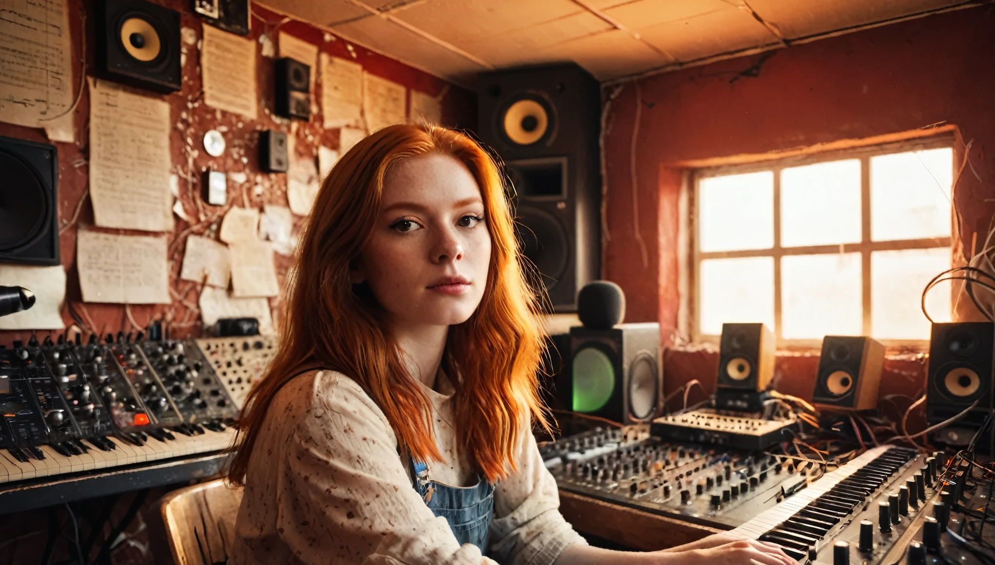 Grainy, vintage realistic photo of a Ginger Girl singer sitting in a messy, dusty, cozy sound studio filled with synths, speakers, wires, microphones, audio equipment, posters on the wall, paper notes on the floor, extremely high quality, volumetric lighting, shining through the windows light rays, cinematic lighting, backlights, red sunset, depth of field, retro, low angle shot, perspective, ambient occlusion, hazy, old, warm, intimate, perfect anatomy, symmetrical face