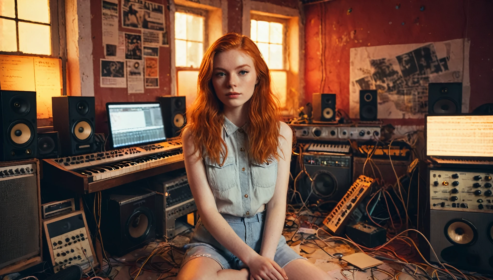 Grainy, vintage realistic photo of a Ginger Girl singer sitting in a messy, dusty, cozy sound studio filled with synths, speakers, wires, microphones, audio equipment, posters on the wall, paper notes on the floor, extremely high quality, volumetric lighting, shining through the windows light rays, cinematic lighting, backlights, red sunset, depth of field, retro, low angle shot, perspective, ambient occlusion, hazy, old, warm, intimate, perfect anatomy, symmetrical face