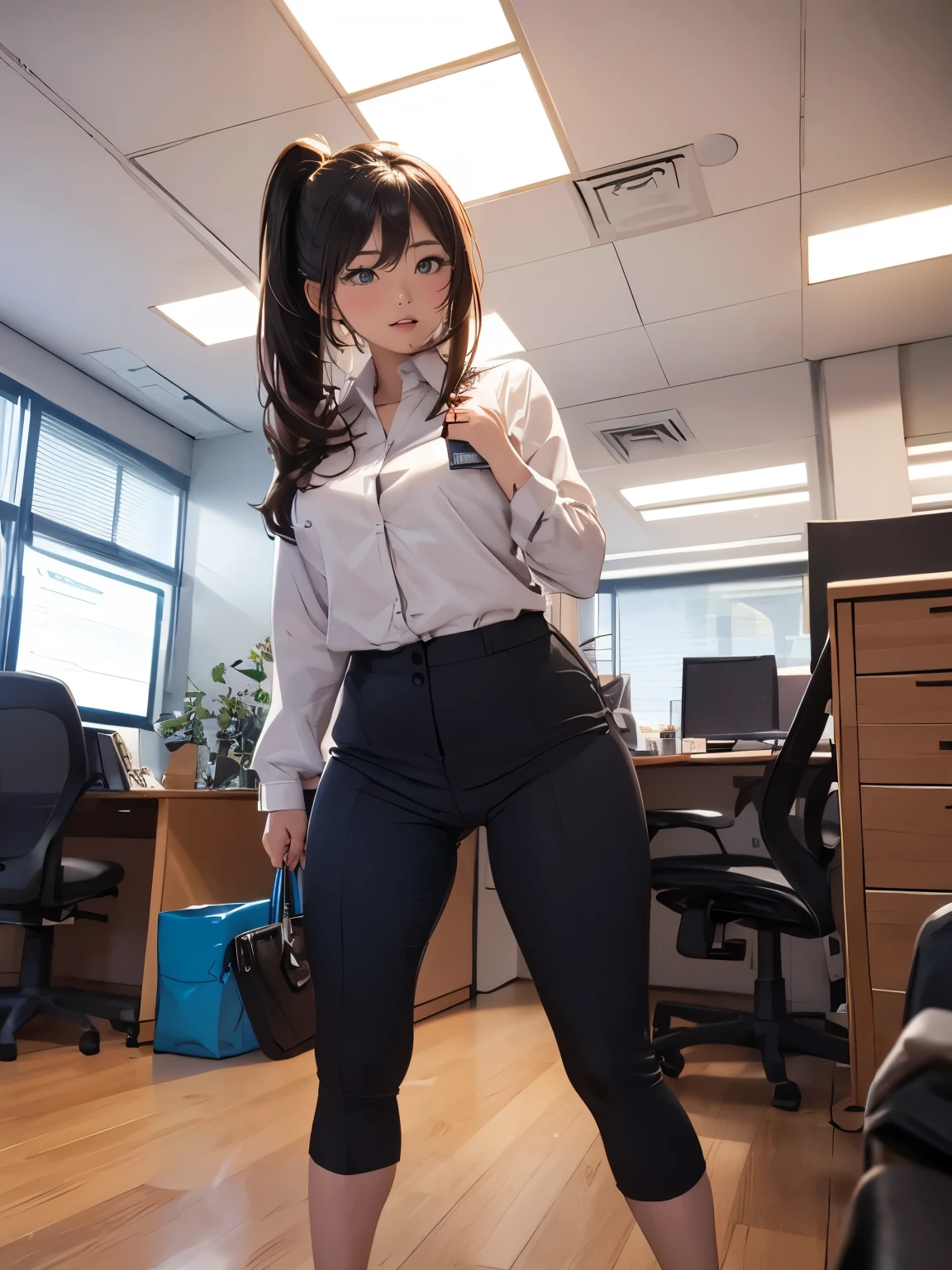 a woman works as a manager in the office, ((standing and showing off her crotch)), wide spread legs, squatting slightly, blouse, id card, hair up, holding clipboard, window, floor, ceiling,