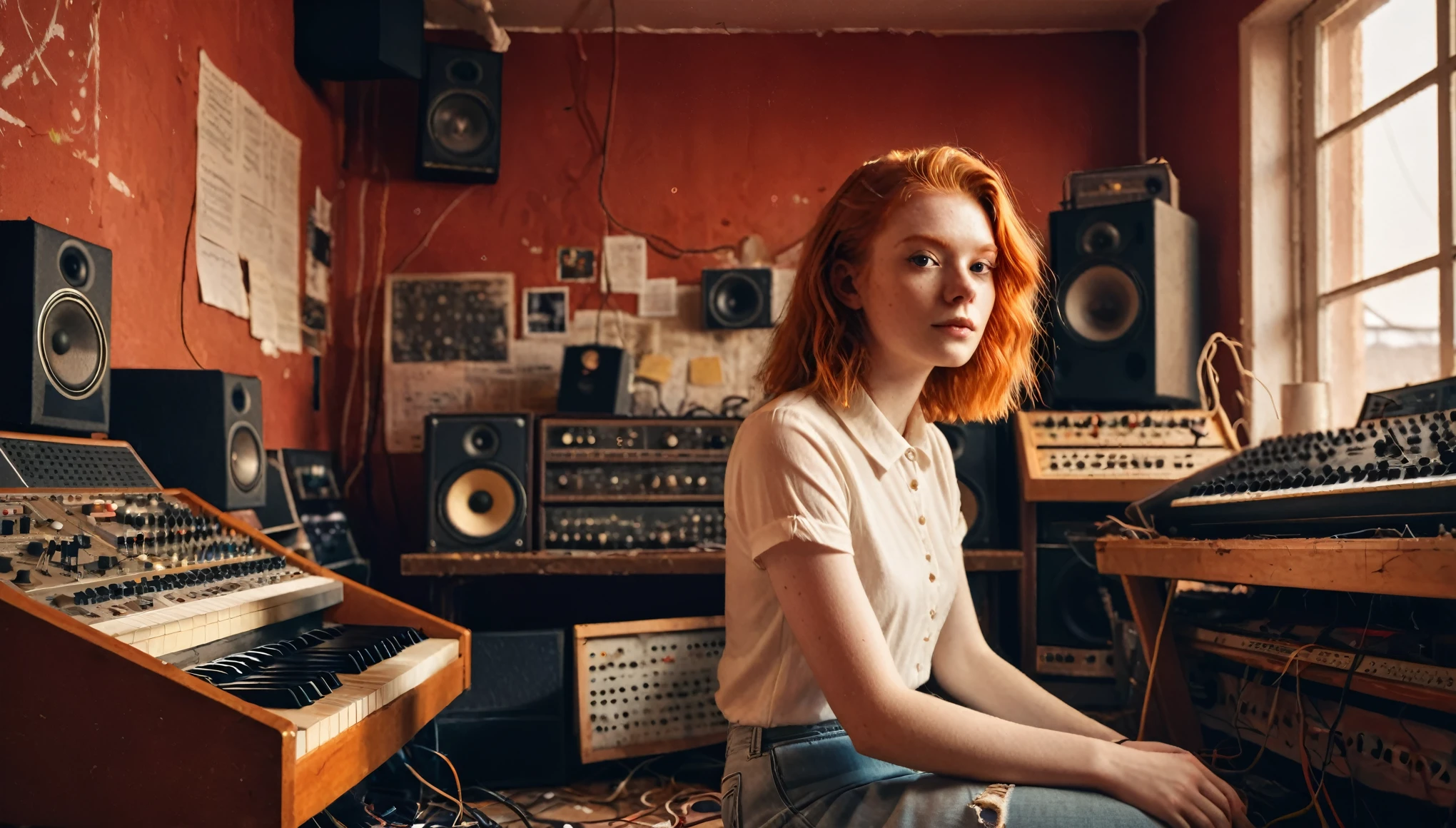 Grainy, vintage realistic photo of a Ginger Girl singer sitting in a messy, dusty, cozy sound studio filled with synths, speakers, wires, microphones, audio equipment, posters on the wall, paper notes on the floor, extremely high quality, volumetric lighting, shining through the windows light rays, cinematic lighting, backlights, red sunset, depth of field, retro, low angle shot, perspective, ambient occlusion, hazy, old, warm, intimate, perfect anatomy, symmetrical face