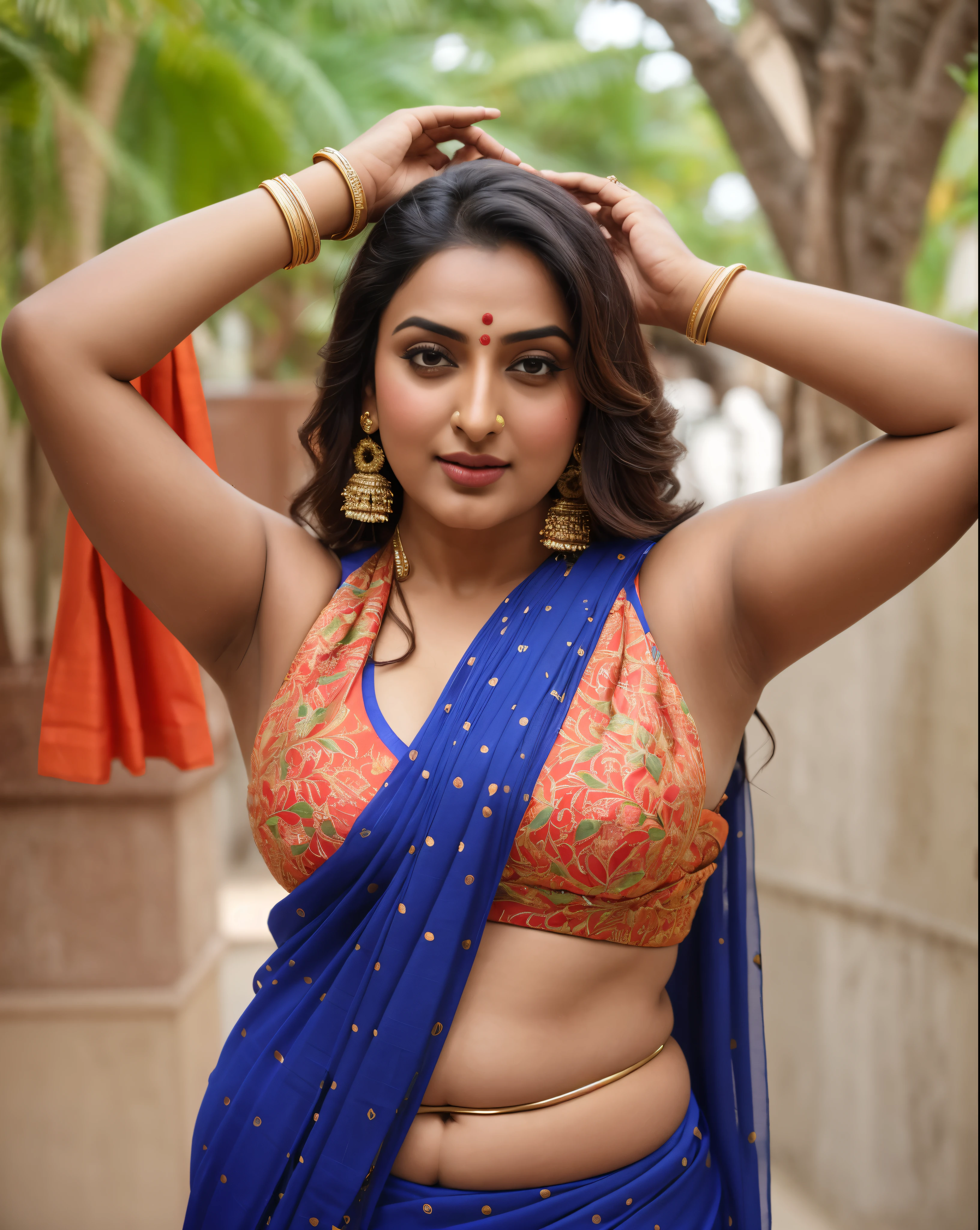 Foto RAW, photorealistic, photography, full body shot, master shot, perfect eyes, goddess like beauty, pierced eyes, perfect thick chubby mallu Desi aunty bhabhi, Wearing a Stanapatta, a chest-band.Saree model, model Photography, Indian saree shoot, Indian traditional wear advertising photography, traditional wear brand shoot, face of Indian actress Sonakshi Sinha, masterpiece, realistic, realism, incredible details,  pleasure, photorealism, detailed skin, skin pores, high contrast, photorealistic Artstation 8k HD digital art trend of high definition and detailed realistic skin texture, ultra detail, realistic skin texture, armature, best quality, ultra high definition, (photorealistic:1.4),, high resolution, detail, raw photo, sweat, Re sharp, by Lee Jefferies Nikon D850 Film Stock Photo 4 Kodak Portra 400 Camera F1.6 Lens Rich Color Ultra Real Realistic Realistic Textures Dramatic Lighting Unreal Engine Trending at Art Station Cinestill 800,(pele altamente detalhada: 1.2), 8k UHD, DSLR, soft-lighting, alta qualidade, grain of film, Fujifilm XT3,she didn't like to wear blouse or bra, she is happy to wear only saree, she hates blouse or bra, detailed hairy armpits, hyper realistic skin, skin pores, sweat, veins, 