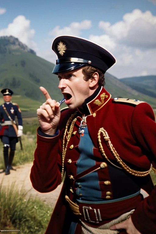 napoleon on battlefield pointing at enemy lines, sneering expression, shocked soldiers around him, photorealistic render