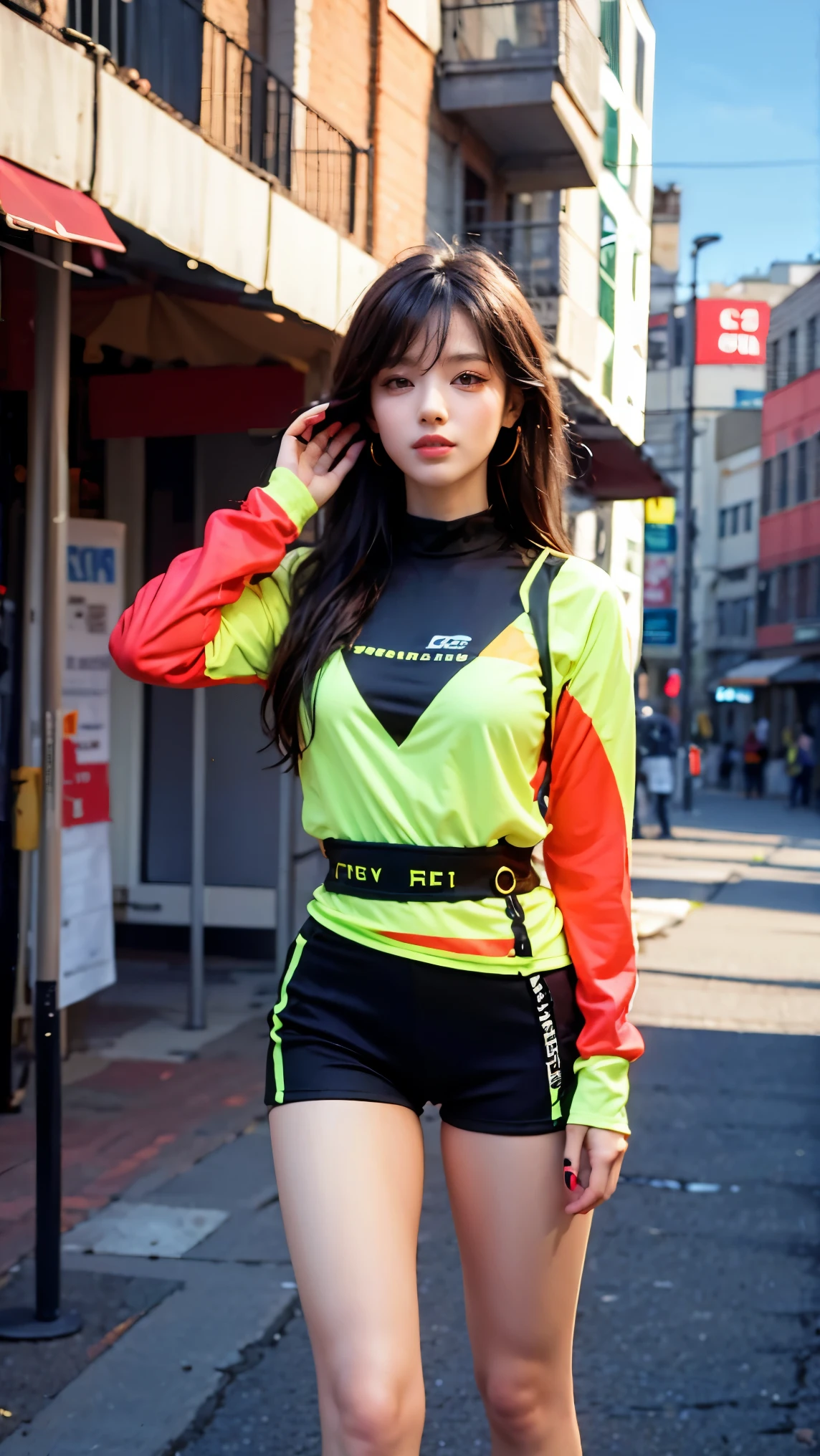 A fashionable young girl taking photos in the sunny weather, wearing colorfull urban techwear with a background of Memphis-style photography elements, featuring bright colors and artistic vibes. High-definition photo of a trendy girl in vibrant Memphis-style setting under the sun, full of lively colors and youthfull energy, Nice legs and hot body