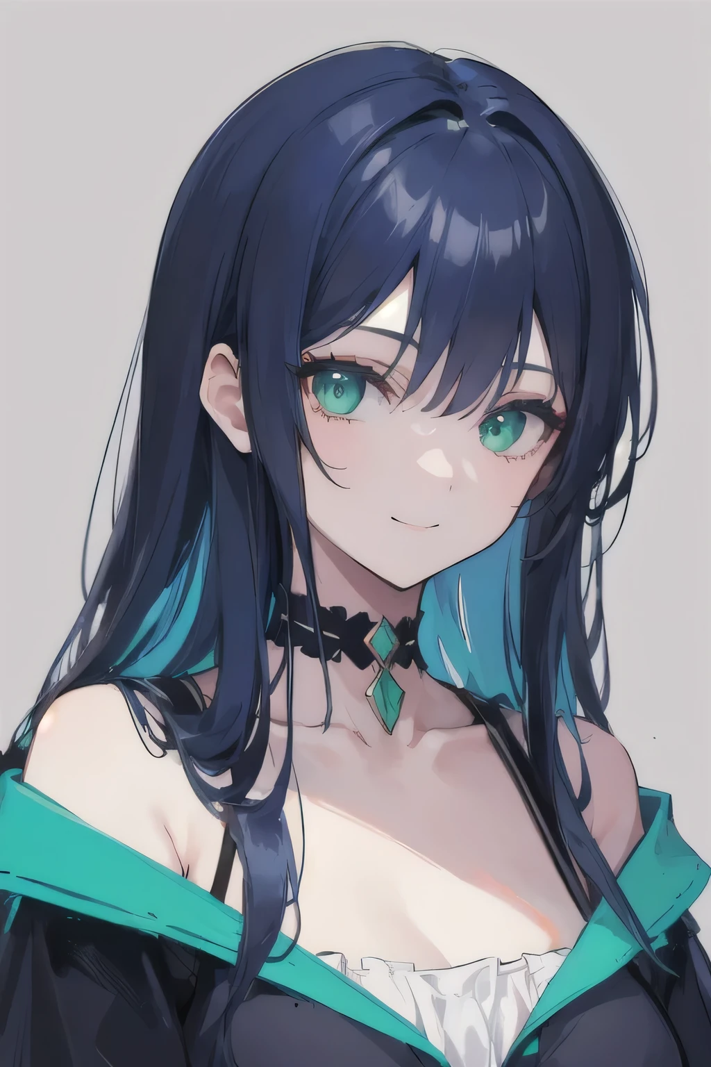 Junior high school student who looks like an elementary school student, 14 years old, very short, 140 cm tall, black hair with a slight green tinge, short ahoge, beautiful long hair but with a little hair sticking out, beautiful round eyes, blue eyes, smile, boyish, big breasts, hair longer than waist, long hair, childish face, gentle smile, a little shy,  black hair with a slight green tinge, boyish, gentle smile,  ( Deep greenish black hair: 1.3)，，(eyepatch:1.1)，Gothic Lolita