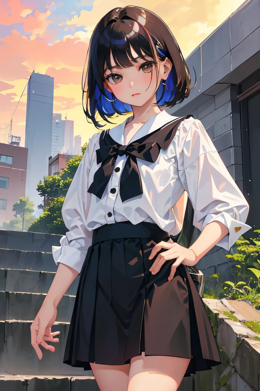 (child),highest quality,Beautiful face in every detail,cute,Dark brown eyes,(背の低いcute女の子,Small young student,Young delicate girl),(masterpiece,Top quality),Black Hair,Sleepy expression,Short sleeve white shirt,Colorful checked skirt