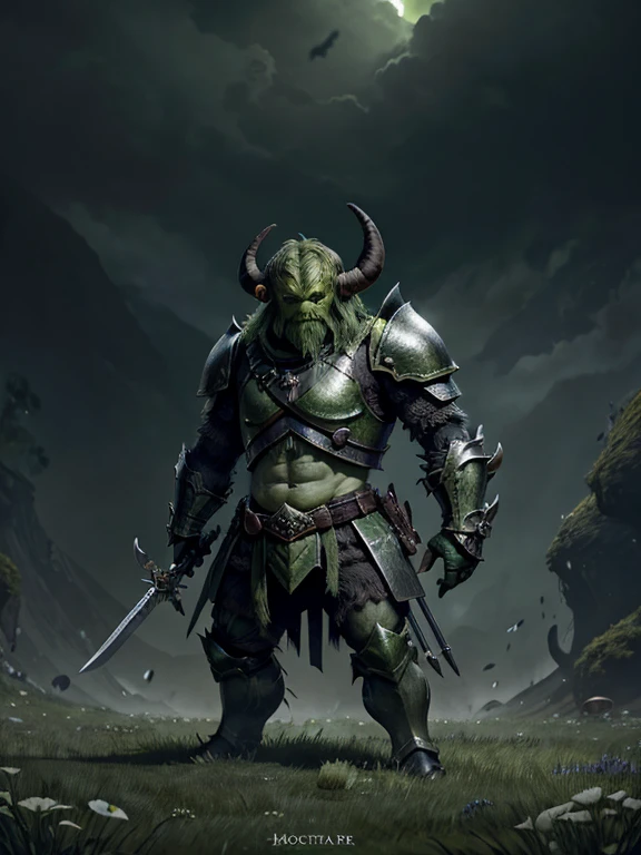 very Short and potbellied ugly green monster with little tiny horns wearing a dark silver armor, holding two swords, meadow background