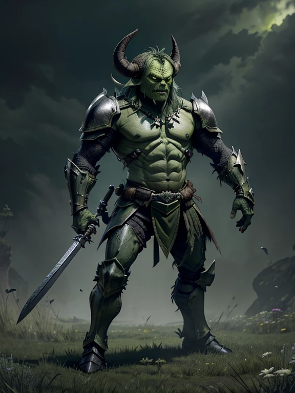 very Short and potbellied ugly green monster with little tiny horns wearing a dark silver armor, holding two swords, meadow background