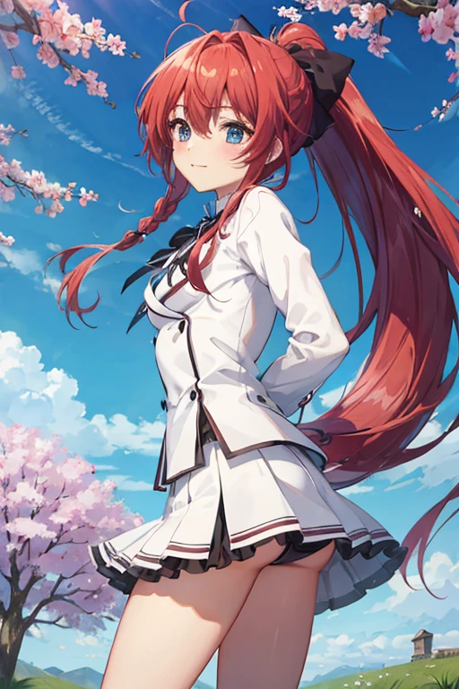 Ponytail,Red Hair,MASHIROIRO SYMPHONY, INUI SANA,Showing the panties,masterpiece,best quality,highres,ultra-detailed,inui sana,blue eyes,long hair,red hair,high ponytail,ahoge,braid,hair between eyes,bangs,hair bow,neck ribbon,long sleeves,white jacket,collared shirt,juliet sleeves,white skirt,(black socks:1.2),(panties:1.2)