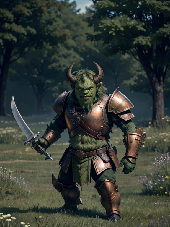 very Short and potbellied ugly green monster with little tiny horns wearing a copper armor, holding two swords, meadow background
