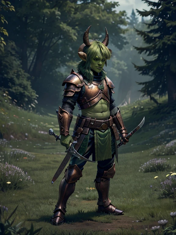 very Short and potbellied ugly green monster with little tiny horns wearing a copper armor, holding two swords, meadow background