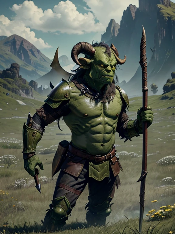 very Short and potbellied ugly green monster with little tiny horns wearing a brown leather armor, holding a spear, meadow background
