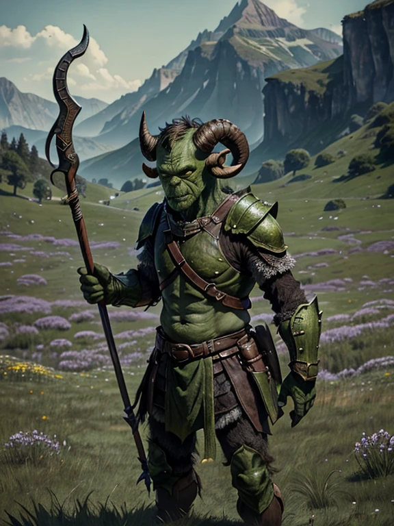 very Short and potbellied ugly green monster with little tiny horns wearing a loincloth, wearing a small armor, holding two knifes, meadow background