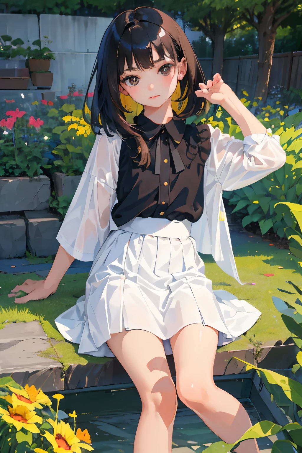 ()，highest quality，Beautiful face in every detail，cute，Dark brown eyes，(背の低いcute女の子，Smallg student，Yoicate girl）,（masterpiece，Top quality)，Black Hair，Sleepy expression，Short sleeve white shirt，Colorful checked skirt，garden