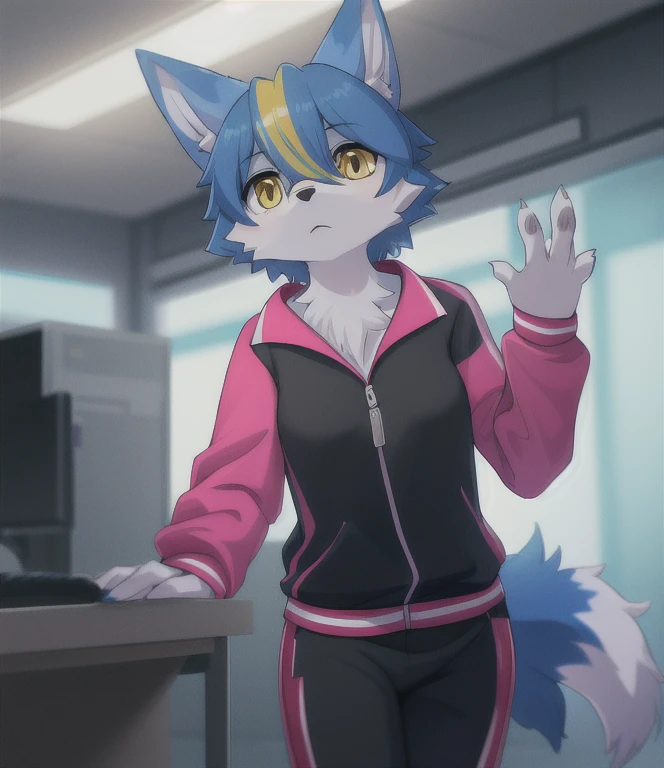 masterpiece, best quality, photorealistic,detailed lighting, depth of field,
detailed eyes,
front view,
science fiction, nerd,
(solo), furry, kemono,  anthro, kemono, wolf, , girl ,
body fur, , yellow eyes,
gray blue hair, yellow hair, yellow eyes, long sleeves, ,  short hair, multicolored hair, hair between eyes, streaked hair, multicolored clothes,  (small:0.7) breasts, bangs, blue fur, whitw fur,  ear fluff, wolf tail,  tracksuit, pink clothing,  black clothing,
pants, standing, greeting,
(round head:1.1),