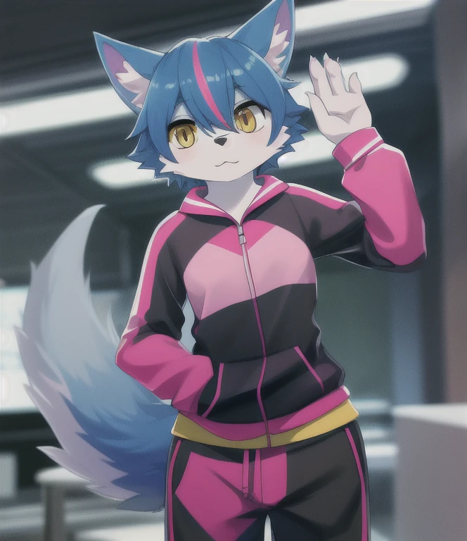 masterpiece, best quality, photorealistic,detailed lighting, depth of field,
detailed eyes,
front view,
science fiction, nerd,
(solo), furry, kemono,  anthro, kemono, wolf, , girl ,
body fur, , yellow eyes,
gray blue hair, yellow hair, yellow eyes, long sleeves, ,  short hair, multicolored hair, hair between eyes, streaked hair, multicolored clothes,  (small:0.7) breasts, bangs, blue fur, whitw fur,  ear fluff, wolf tail,  tracksuit, pink clothing,  black clothing,
pants, standing, greeting,
(round head:1.1),