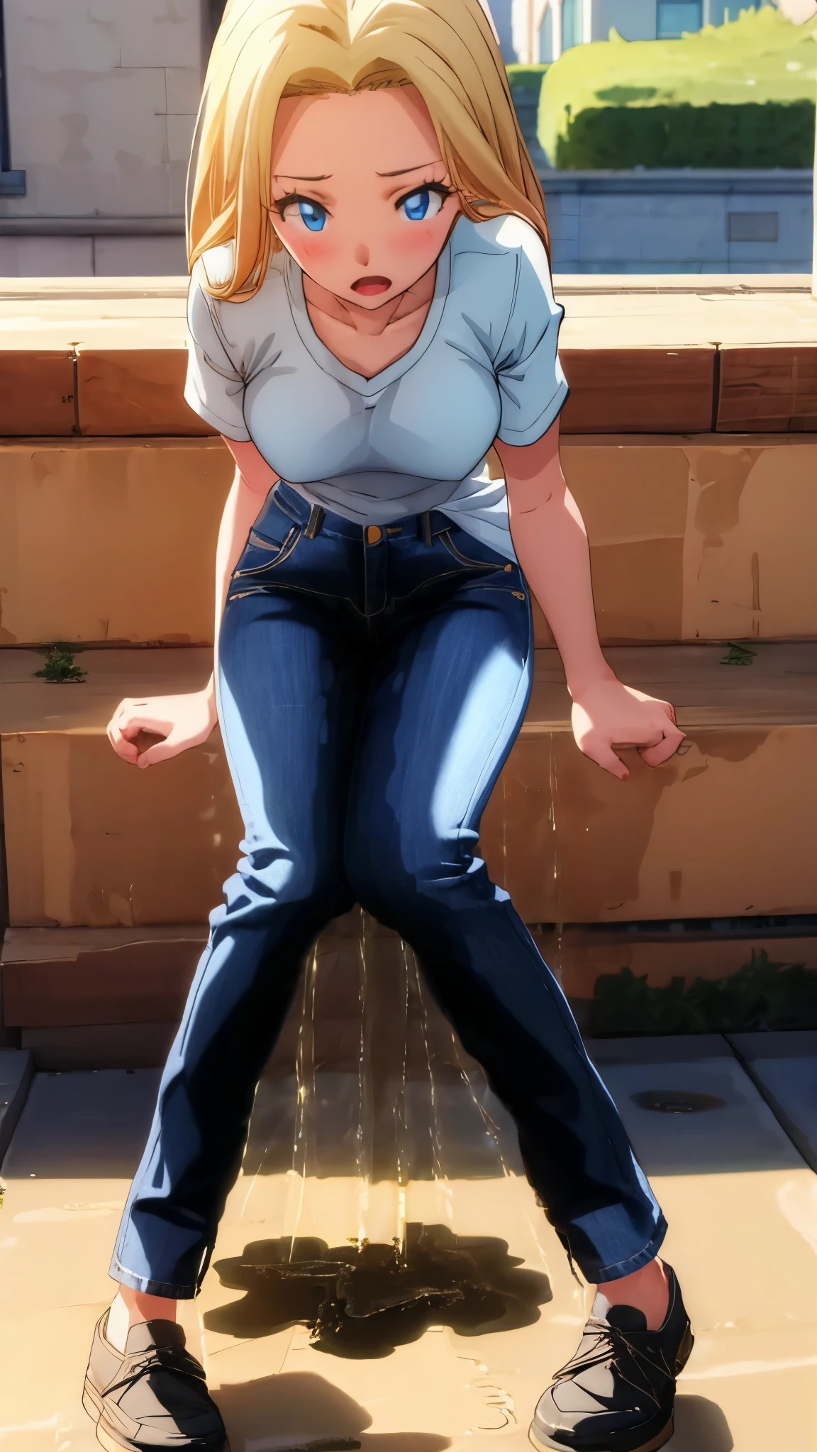 best quality, highres, 8k, masterpiece, immersive atmosphere, chiaroscuro:(1.5, bright light:1.2, luminous lighting), blurring, (background blur:1.5), 
(dynamic angle), outdoors, (legs focus, full body:1.5), delicate features, (beautiful face, beautiful eyes, beautiful legs), not safe for work, (opaque:1.5), high contrast, (peeing self:1.7), wetting herself, (pee stain:1.5), peeing herself, (urination:1.5),
1girl, (solo), 20 years old, white skin, blue eyes, blonde hair, straight hair, long hair, bright lips, blush, scared, panicking, open mouth, looking at viewer, (slender figure:1.1), (white tshirt:1.2), large breast, (hard nipples), cleavage, (hands between legs:1.4), (jeans pants:1.2, skinny jeans:1.2, blue jeans:1.2), (black shoes:1.2), (knees together feet apart:1.4)
