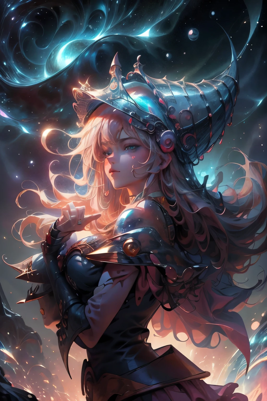 Giles magos oscuros. magos oscuros. ojos azules. cabello rubio. labios rojos. Detailed Features.., cosmic colors, ethereal lighting, Pintura surrealista, high resolution, otherworldly atmosphere, Seres celestiales. Hermosa diosa