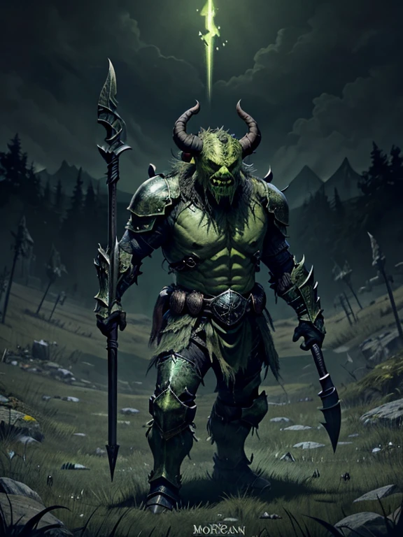 very Short and potbellied ugly green monster with little tiny horns wearing a black metal armor, holding a spear, meadow background
