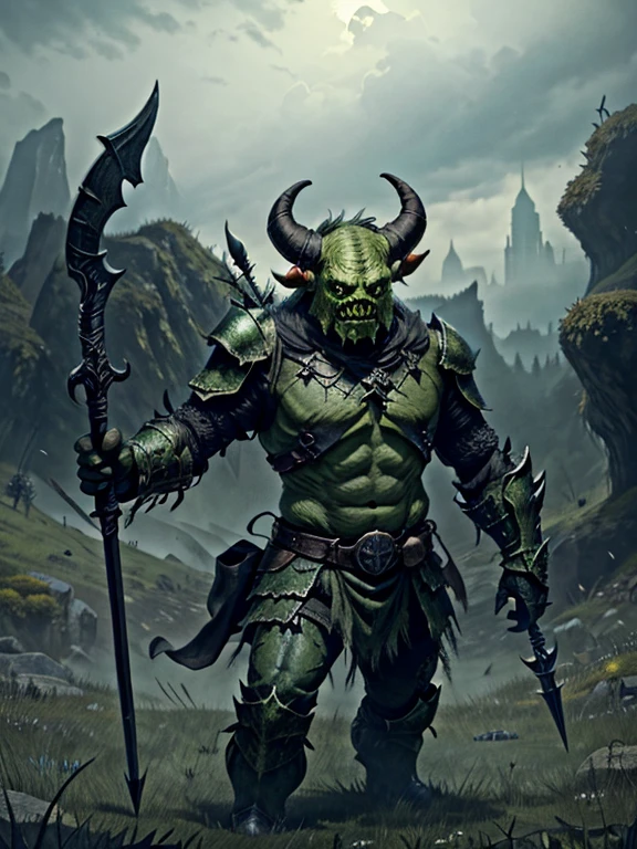 very Short and potbellied ugly green monster with little tiny horns wearing a black metal armor, holding a spear, meadow background