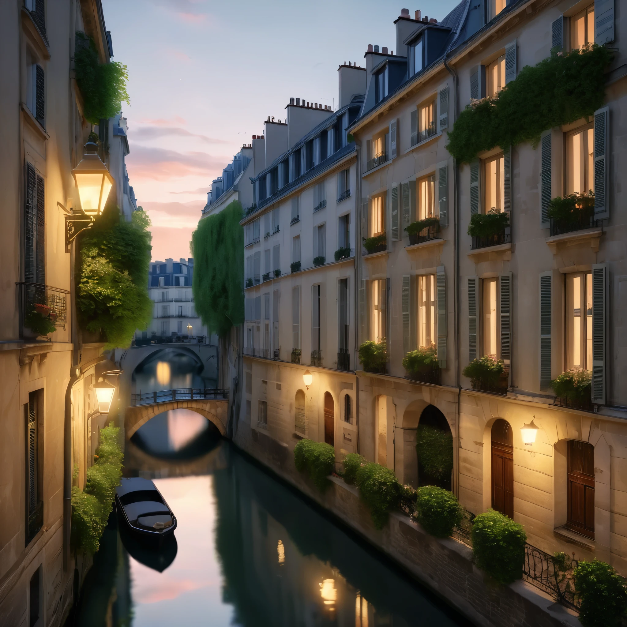 a picturesque scene of a European city, likely Paris, characterized by elegant, historic buildings with large windows glowing warmly in the evening light. The architecture features classic stone facades with wrought iron balconies adorned with lush greenery. A serene canal runs through the scene, reflecting the soft lights and bordered by quaint, narrow streets. Bridges arch gracefully over the canal, and vintage street lamps add to the romantic, tranquil ambiance of the setting. Photo realistic, 8k, vibrant colors