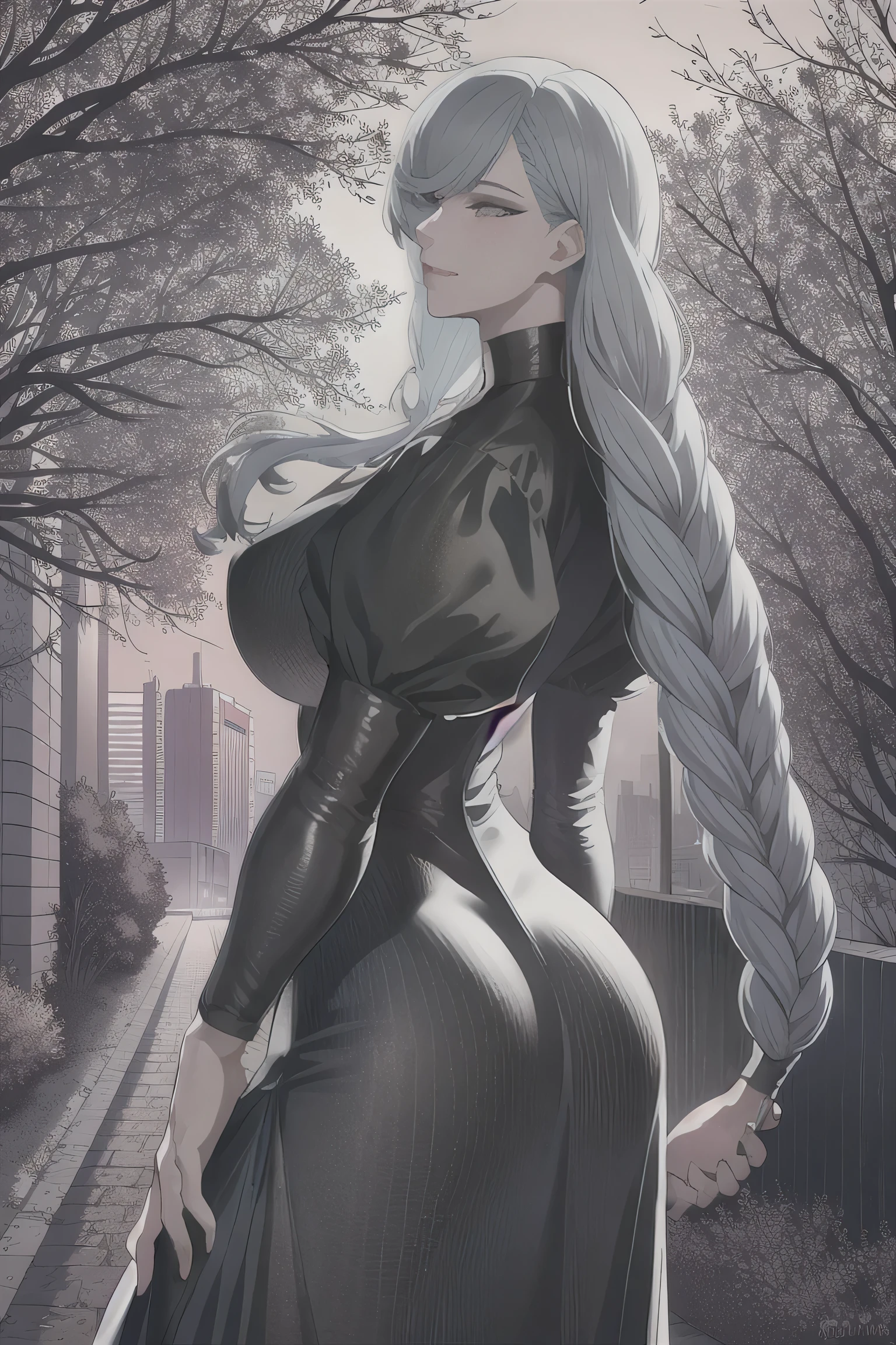 ultra realistic 8k cg, masterpiece, ((ultra detailed background, delicate pattern, intricate detail)), (highly detailed, fine details), best quality, 1girl, (photorealistic:1.4),beautiful lighting, absurdres, RAW photo, film grain, ((medium breasts, slim girl)), 1girl, MeiMei, solo, long hair, braid, dress, hair over one eye, smile, long sleeves, braided bangs, black dress, braided ponytail, white hair, puffy sleeves, holding, turtleneck dress, makeup, grey hair, red lips, one eye covered, lipstick, parted lips, single braid, (complex detailed background, outside, urban environment, cowboy shot, from behind),