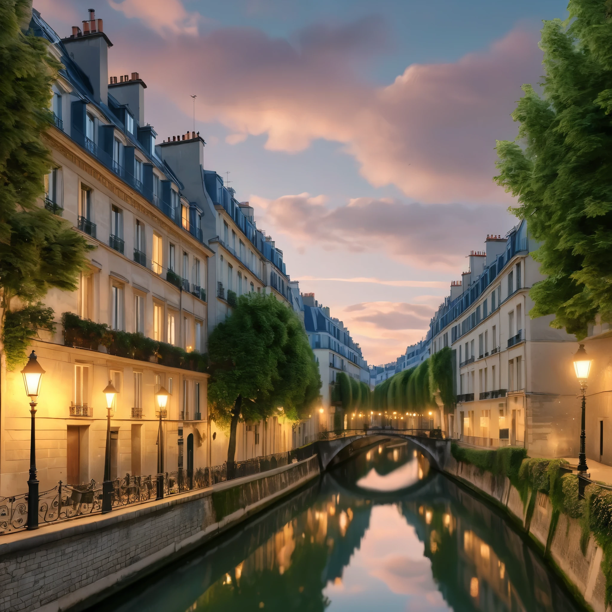a picturesque scene of a European city, likely Paris, characterized by elegant, historic buildings with large windows glowing warmly in the evening light. The architecture features classic stone facades with wrought iron balconies adorned with lush greenery. A serene canal runs through the scene, reflecting the soft lights and bordered by quaint, narrow streets. Bridges arch gracefully over the canal, and vintage street lamps add to the romantic, tranquil ambiance of the setting. Photo realistic, 8k, vibrant colors