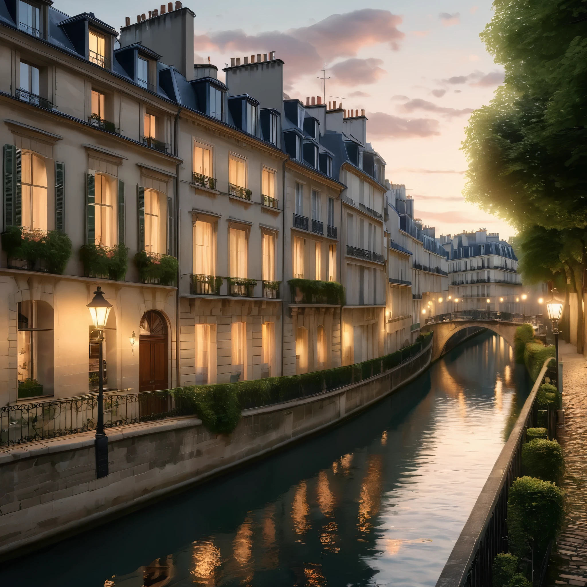 a picturesque scene of a European city, likely Paris, characterized by elegant, historic buildings with large windows glowing warmly in the evening light. The architecture features classic stone facades with wrought iron balconies adorned with lush greenery. A serene canal runs through the scene, reflecting the soft lights and bordered by quaint, narrow streets. Bridges arch gracefully over the canal, and vintage street lamps add to the romantic, tranquil ambiance of the setting. Photo realistic, 8k, vibrant colors