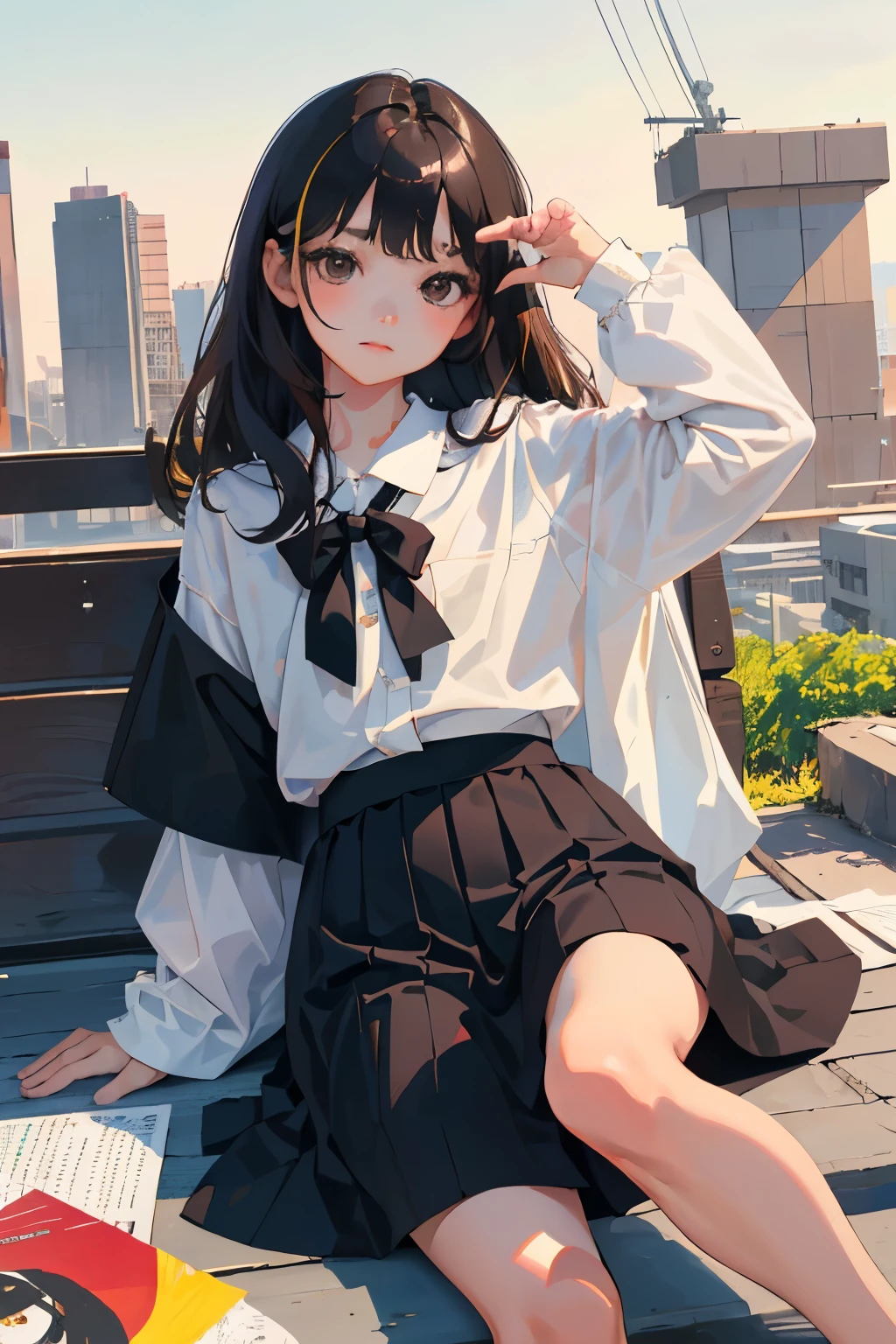 (child)，highest quality，Beautiful face in every detail，cute，Dark brown eyes，(背の低いcute女の子，Small young student，Young delicate girl）,（masterpiece，Top quality)，Black Hair，Sleepy expression，Short sleeve white shirt，Colorful checked skirt