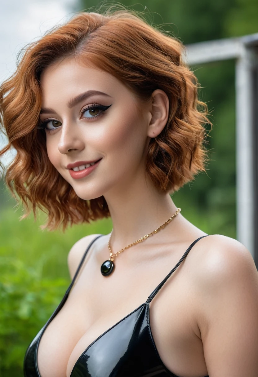 hyperrealistic beautiful busty 18-year-old women wearing black latex tuxedo, model shooting full body photography, view from behind, natural redhead short curly bob, dark eye makeup with eyeliner, seductive smile, small necklace, 8K, Best quality, Meisterwerk, ultra high resolution, (Realismus: 1.4), Originalfoto, (realistische Hautstruktur: 1.3), (Filmkorn: 1.3), (Selfie-Winkel), 1 girl, Beautiful round hazel eyes and facial details, Meisterwerk, Best quality, selfie-pic-posing outside, nsfw