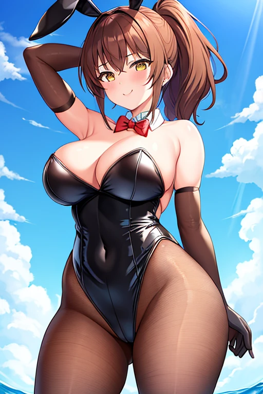 1girl, bunny ears, rabbit ears, large breasts, thick thighs, tall, tall female, toned, athletic, black leotard, bunnysuit, leotard, brown hair, short hair, ponytail, yellow eyes, mature female, light smile, cleavage, elbow gloves, fishnet, fishnet pantyhose, bowtie, gold trim, golden trim, red bowtie, ((brown hair))