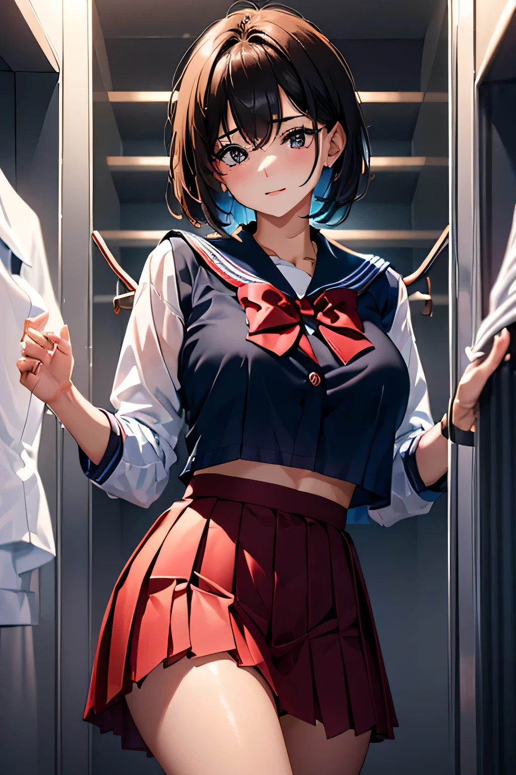 (((locker room))),(((Change clothes in the changing room:1.3))),(((clothes on hangers:1.3))),(((Sailor suit))),(((Pleated skirt that exposes skin))),(Dark red bow tie:1.3),Cute Face,Extreme close up of face,Silver short hair,Crying face,tears,Perfect round face,iris,Floating Hair,Big Breasts.Professional Lighting,Cinematic Light,(Tabletop,highest quality,Ultra-high resolution output images,) ,(8K quality,),(Picture Mode Ultra HD,)
