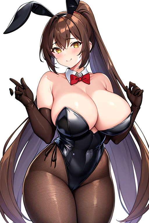 1girl, bunny ears, rabbit ears, large breasts, thick thighs, tall, tall female, toned, athletic, black leotard, bunnysuit, leotard, brown hair, short hair, ponytail, yellow eyes, mature female, light smile, cleavage, elbow gloves, fishnet, fishnet pantyhose, bowtie, red trim, red bowtie, ((brown hair))