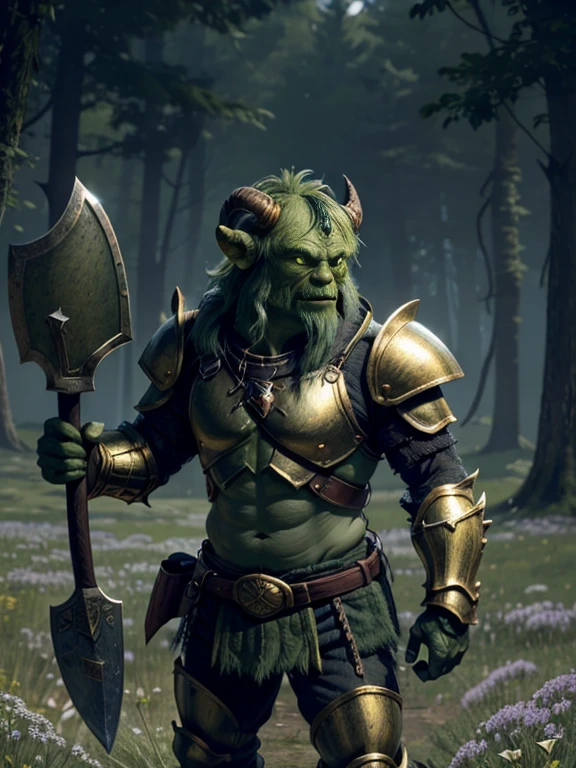 very Short and potbellied ugly green monster with little tiny horns wearing a gold metal armor, holding an axe, meadow background