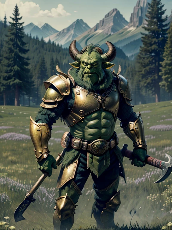 very Short and potbellied ugly green monster with little tiny horns wearing a gold metal armor, holding an axe, meadow background