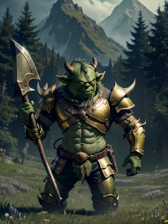 very Short and potbellied ugly green monster with little tiny horns wearing a gold metal armor, holding an axe, meadow background