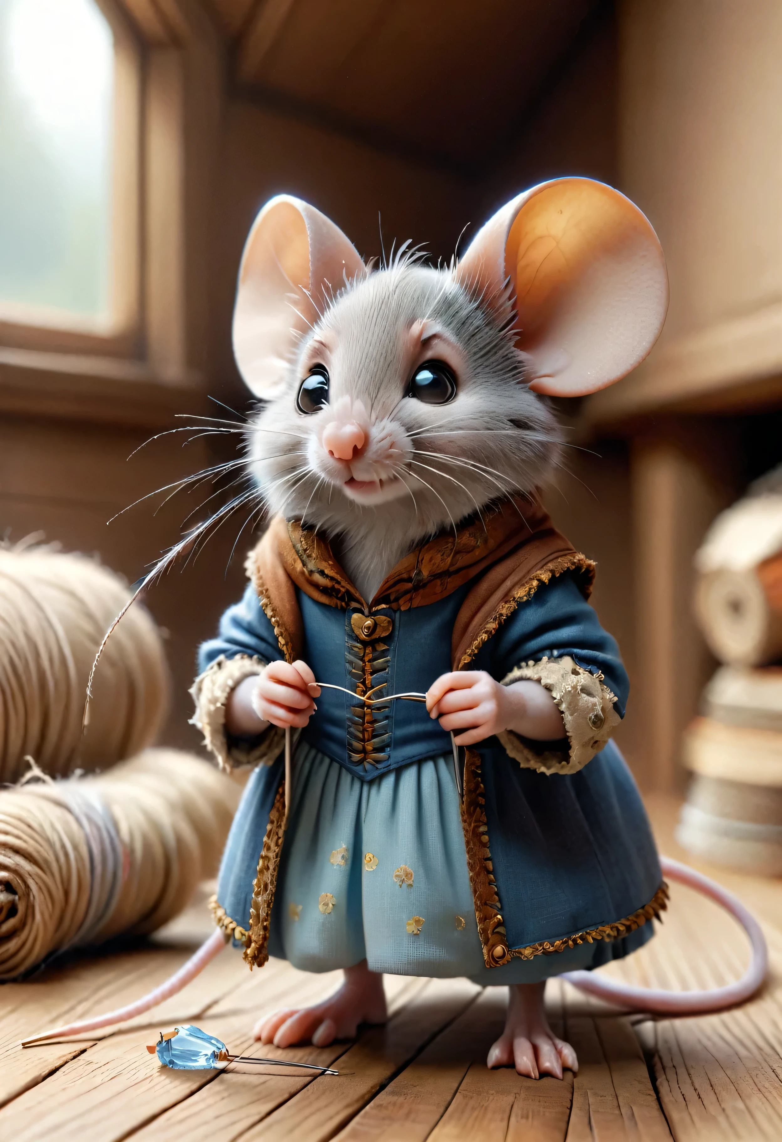 (masterpiece:2), (realistic illustration: 2), (illustration of great quality and details:2), (characters in focus:2), (illustration based on the story of Cinderella:2), (two male mice), (two cute mice in peasant clothes from the 13th century), (the mice wear different outfits with different colors from each other), (the two mice have different colors in their fur), (one mouse is brown and another mouse is gray with spots white), (2 mice hold a giant skein of thread), (a mouse carries a huge sewing needle), ((no direct sunlight)), no glare, no reflections, ((diffuse light)), dim light, (((studio light))), (standing posture a mouse hidden discreetly behind another), a while behind the other mouse, (((bottom of the attic with wooden floor)))