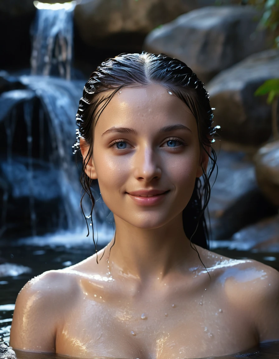 Night scene, close-up photo of Mona Lisa, small breasts, bathing near the waterfall, body soaked in water, lean cheeks, wet hair, chin up, seductive face, no bra, stones, pure water, cleavage show, water on the body, realistic pores on the body, look up at the sky and smile, black ponytail hair, (blue eyes: 0.8), beautiful adult face, 20 yo, soft volumetric lights, (backlit: 1.3), (cinematic: 1.3), intricate details, (ArtStation: 1.