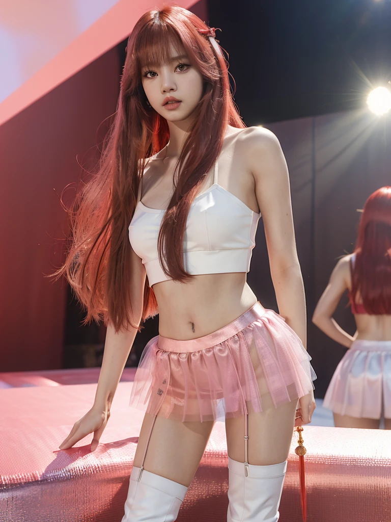 ((Masterpiece, best quality, photorealistic,)) BLACKPINK's lalisa standing, with very straight long bob hair, (red extensions metallic colors), (Kpop look miniskirt, tulle, top, pink and white underwear, boots) , full body view, stage.