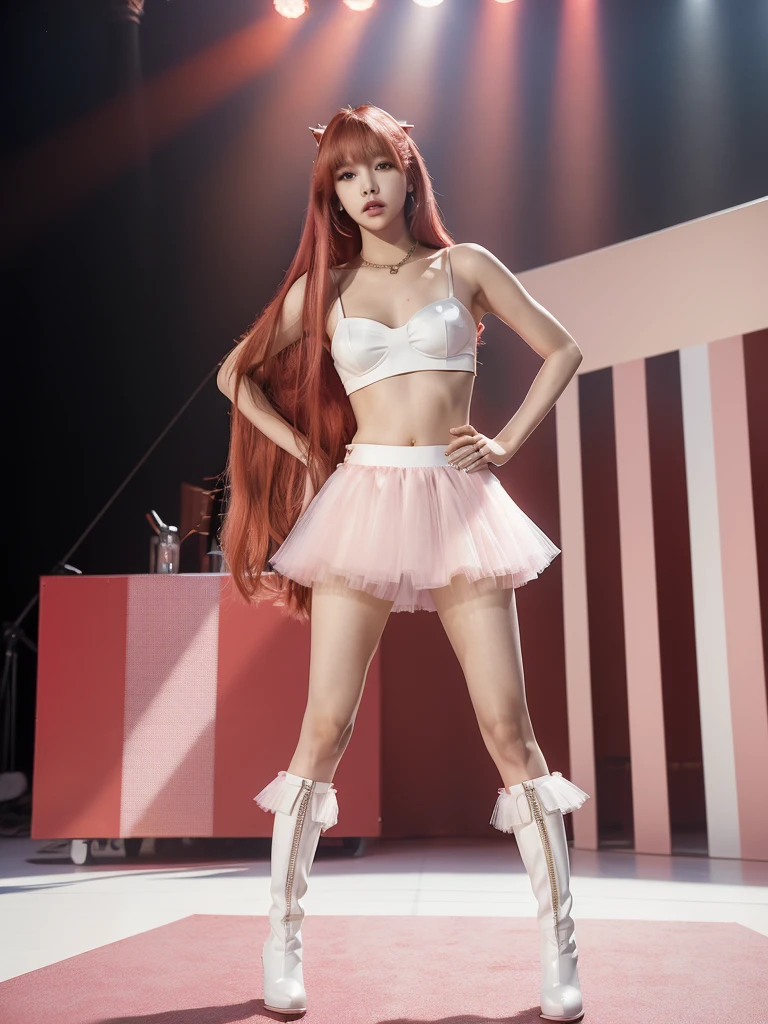 ((Masterpiece, best quality, photorealistic,)) BLACKPINK's lalisa standing, with very straight long bob hair, (red extensions metallic colors), (Kpop look miniskirt, tulle, top, pink and white underwear, boots) , full body view, stage.