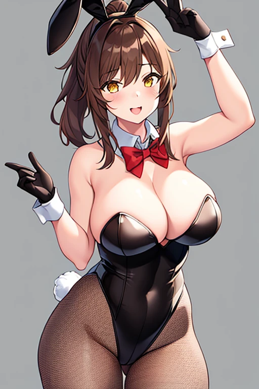 1girl, bunny ears, rabbit ears, large breasts, thick thighs, tall, tall female, toned, athletic, black leotard, bunnysuit, leotard, brown hair, short hair, ponytail, yellow eyes, mature female, light smile, cleavage, elbow gloves, fishnet, fishnet pantyhose, bowtie, red trim, red bowtie, ((brown hair))