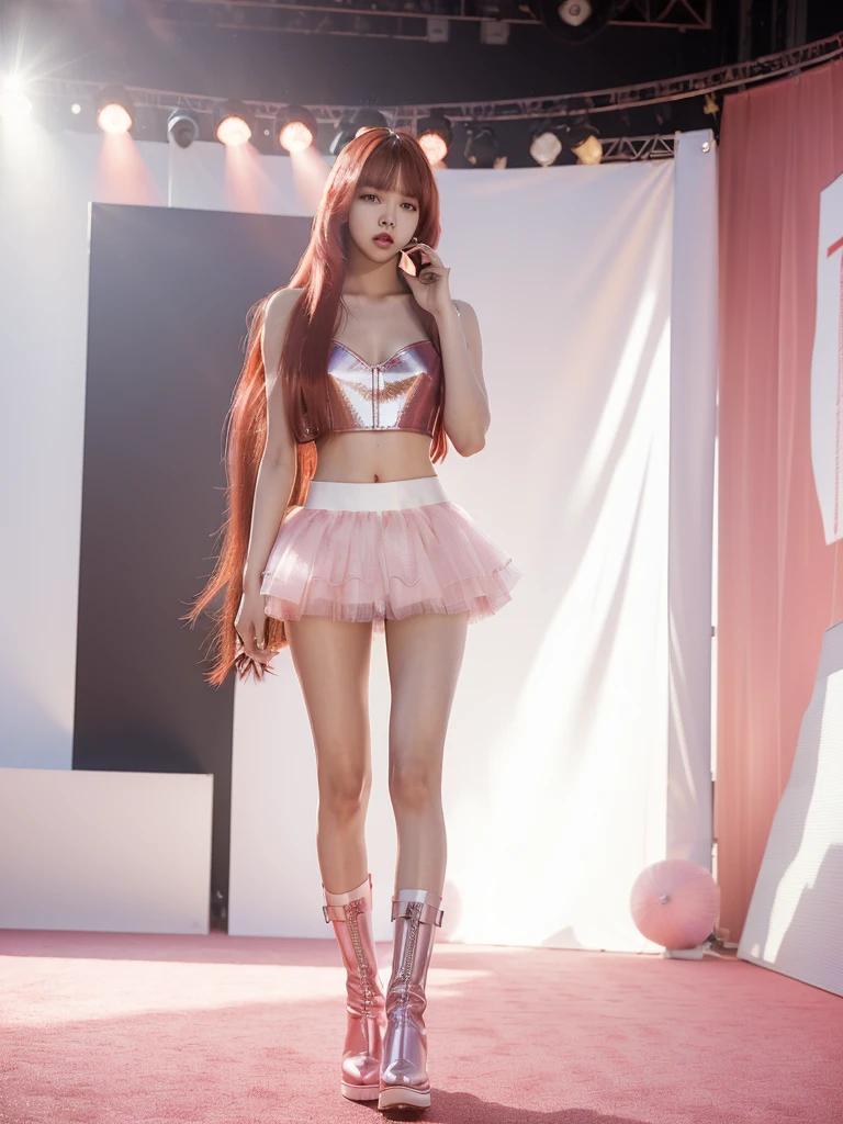 ((Masterpiece, best quality, photorealistic,)) BLACKPINK's lalisa standing, with very straight long bob hair, (red extensions metallic colors), (Kpop look miniskirt, tulle, top, pink and white underwear, boots) , full body view, stage.