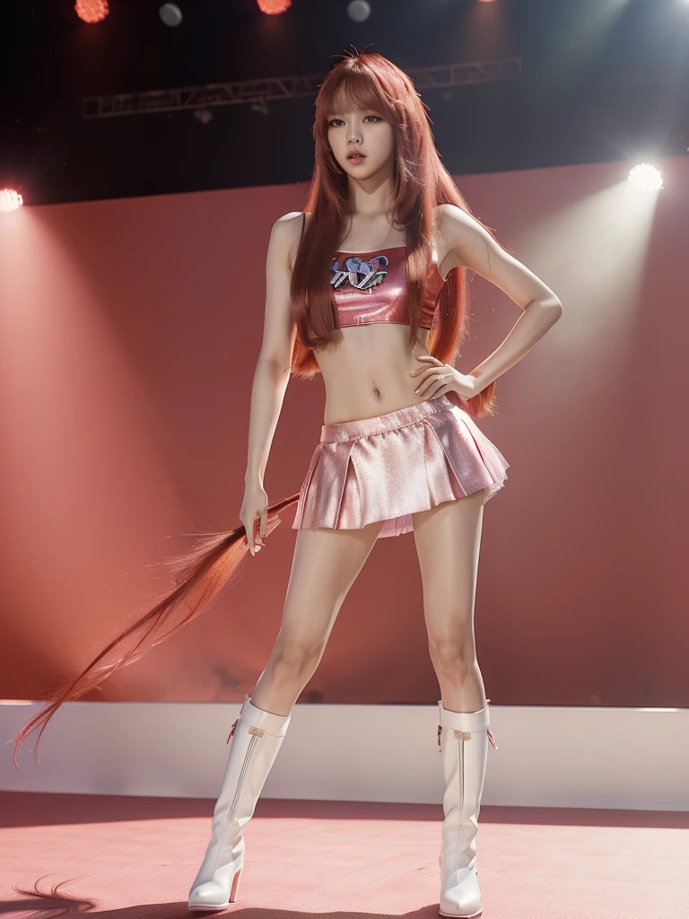 ((Masterpiece, best quality, photorealistic,)) BLACKPINK's lalisa standing, with very straight long bob hair, (red extensions metallic colors), (Kpop look miniskirt, tulle, top, pink and white underwear, boots) , full body view, stage.