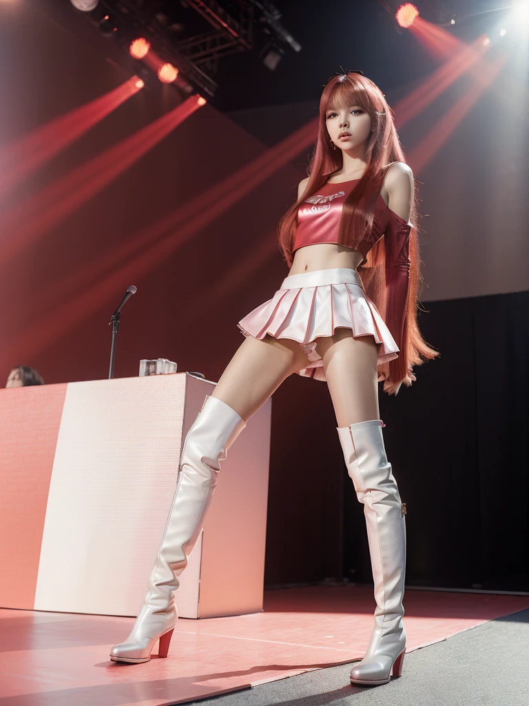 ((Masterpiece, best quality, photorealistic,)) BLACKPINK's lalisa standing, with very straight long bob hair, (red extensions metallic colors), (Kpop look miniskirt, tulle, top, pink and white underwear, boots) , full body view, stage.