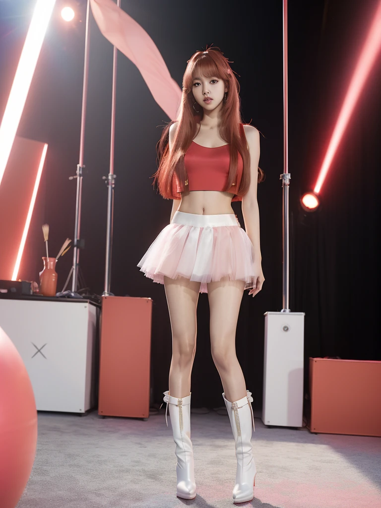 ((Masterpiece, best quality, photorealistic,)) BLACKPINK's lalisa standing, with very straight long bob hair, (red extensions metallic colors), (Kpop look miniskirt, tulle, top, pink and white underwear, boots) , full body view, stage.