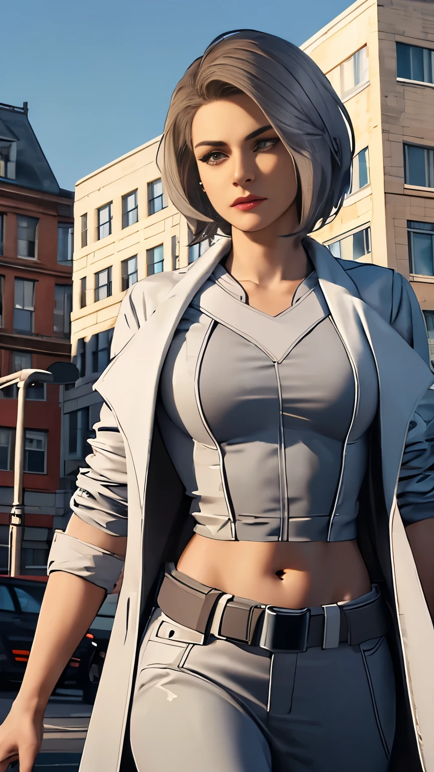 (Highly quality, masterpiece, detailed), city detailed scenario, city detailed background, 20 years old girl, SilverSable_aiwaifu, solo, 1girl, short hair, realisitc, belt , sleeves rolled up, jewelry, Sliver Hair, brown eyes, coat, white Skirt, white top, crop top, Abdomen, Navel, beautiful eyes, perfect eyes, looking at the viewer, Sexy pose