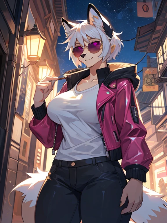 by bebebebebe, by spuydjeks, by spikedmauler, by moonrick, by asaneman, uploaded to e621, seductor, very detailed and beautiful, (female, anthro, anthro animal:1.1), 1girl, night time, anthro fox girl, canine, canid, cute face, adorable face, feminine face structure, female, mature woman, hourglass figure, 1tail, short hairstyle, (thick thighs:1.1), (big breasts:1.1), BREAK, ((KD/A outfit)), perfect posture), ((short hair)), ((round sunglasses)), ((fur jacket)), ((Pink leather jacket)) white hair, ((vibrant yellow fox)), pink eye color, ((KD/A)), cyberpunk