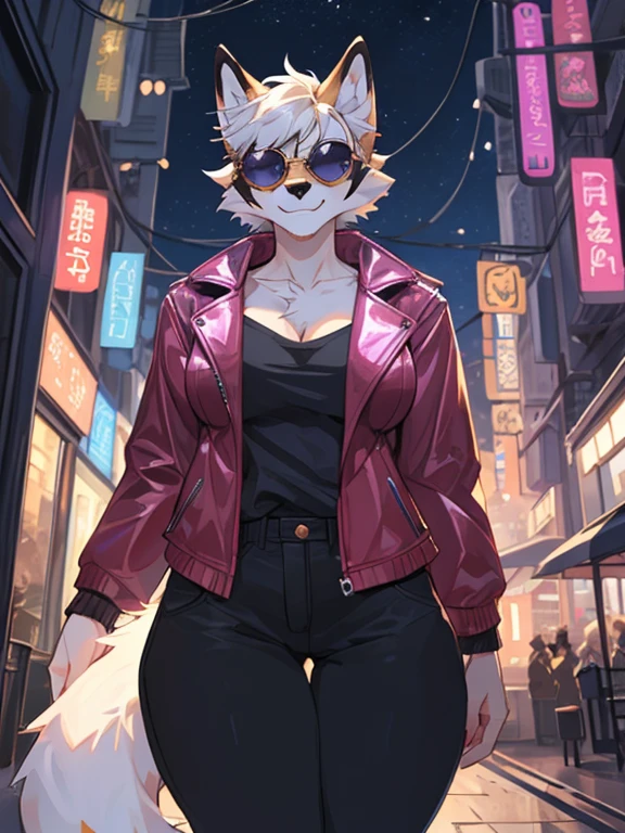 by bebebebebe, by spuydjeks, by spikedmauler, by moonrick, by asaneman, uploaded to e621, seductor, very detailed and beautiful, (female, anthro, anthro animal:1.1), 1girl, night time, anthro fox girl, canine, canid, cute face, adorable face, feminine face structure, female, mature woman, hourglass figure, 1tail, short hairstyle, (thick thighs:1.1), (big breasts:1.1), BREAK, ((KD/A outfit)), perfect posture), ((short hair)), ((round sunglasses)), ((fur jacket)), ((Pink leather jacket)) white hair, ((vibrant yellow fox)), pink eye color, ((KD/A)), cyberpunk